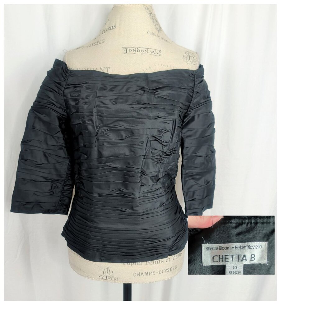 Vintage 90s Chetta B Black Blouse 8 Medium Off Shoulder Pleated